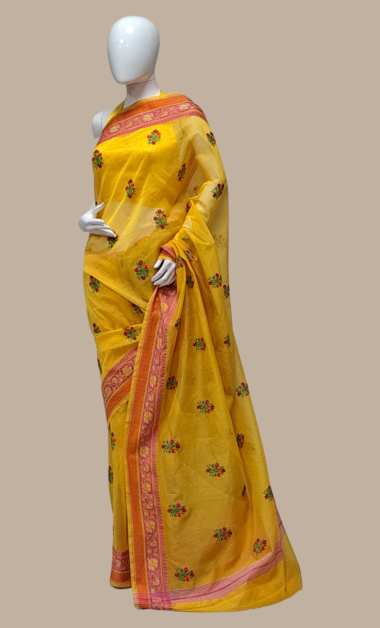 Deep Mustard Embroidered Cotton Sari