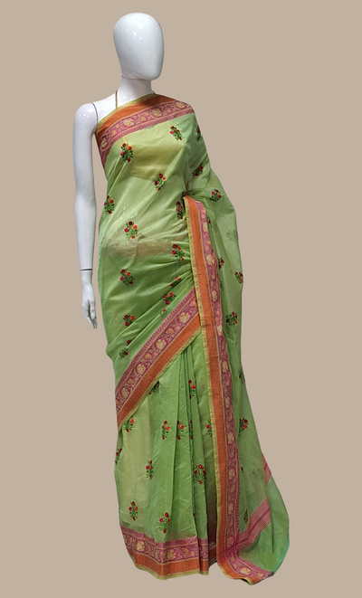 Deep Mint Green Embroidered Cotton Sari