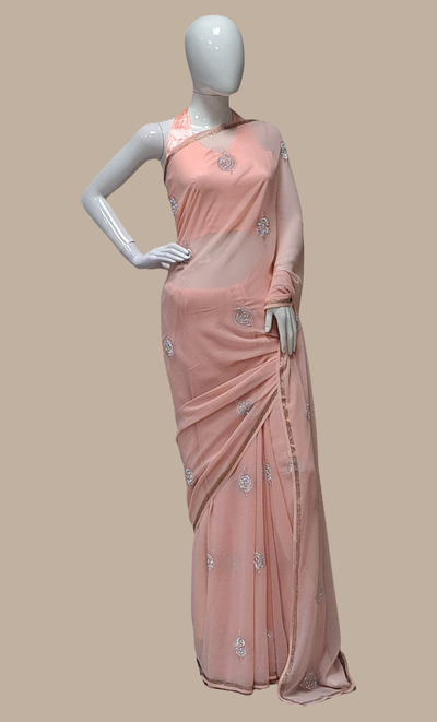Pastel Peach Embroidered Sari