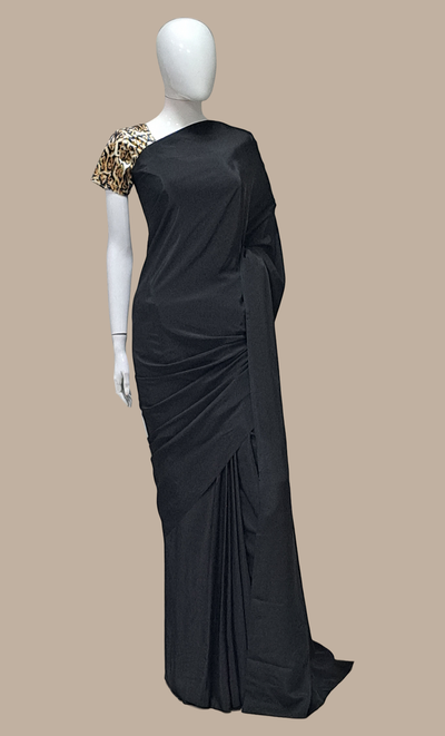 Black Plain Crepe Silk Sari