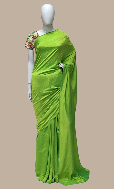 Bright Lime Green Plain Crepe Silk Sari