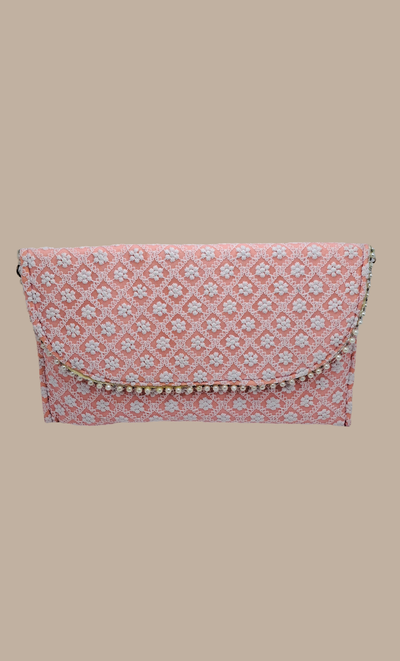 Pastel Peach Embroidered Clutch Bag