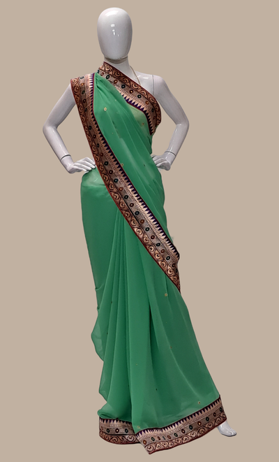 Pastel Green Embroidered Right Hand Sari