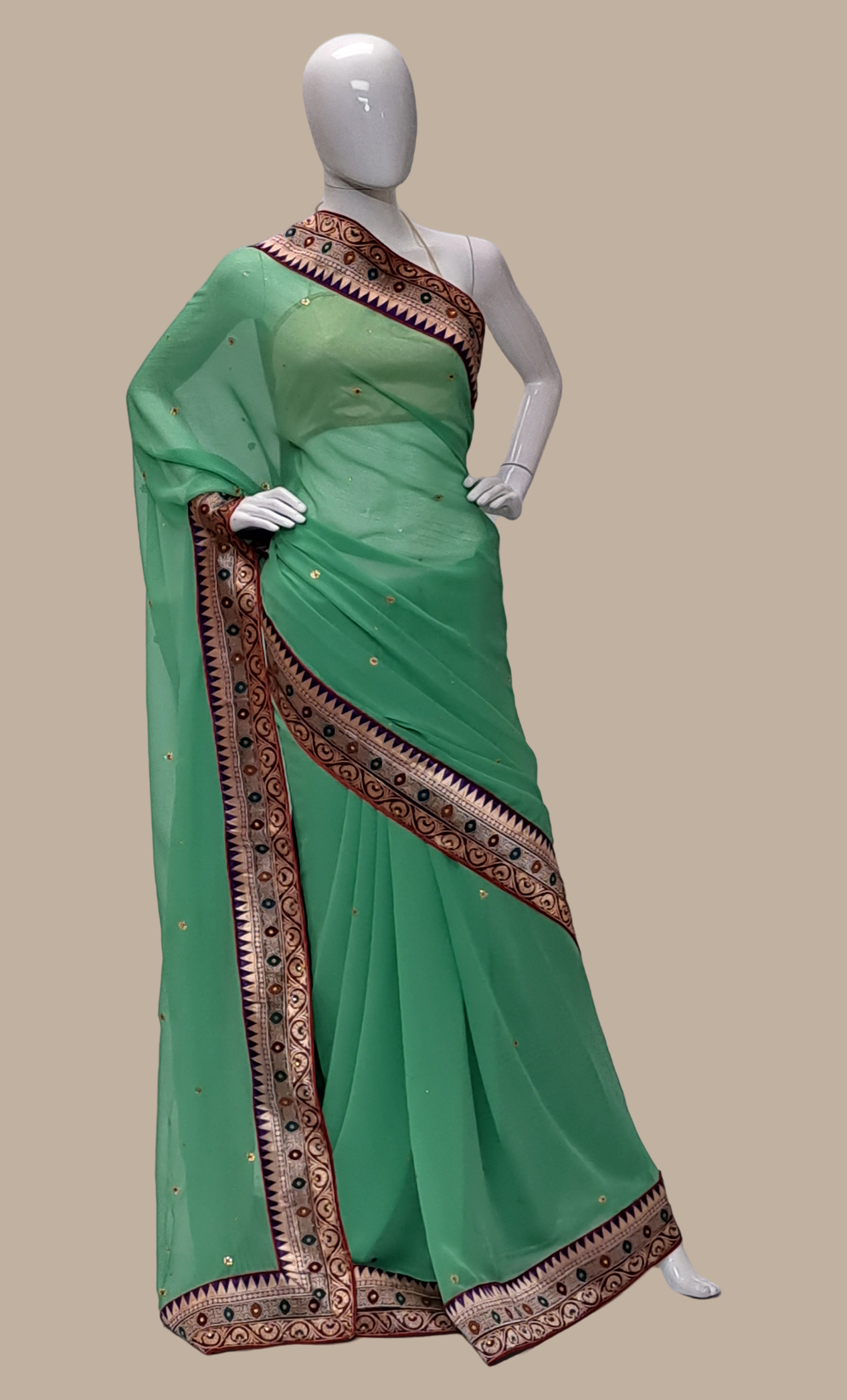 Pastel Green Embroidered Right Hand Sari