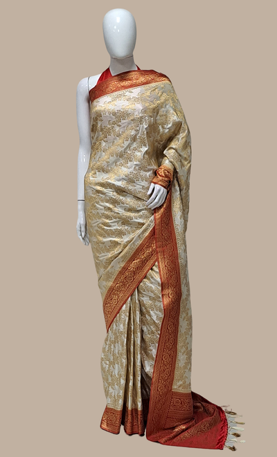 Deep Cream Embroidered Art Silk Sari