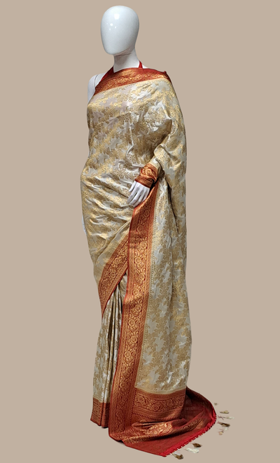Deep Cream Embroidered Art Silk Sari