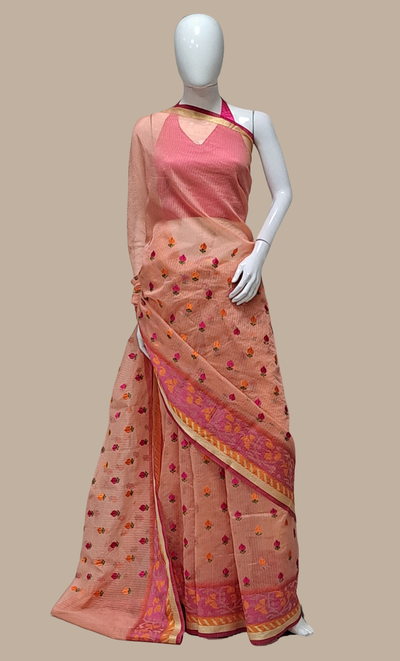 Deep Peach Right Hand Embroidered Sari