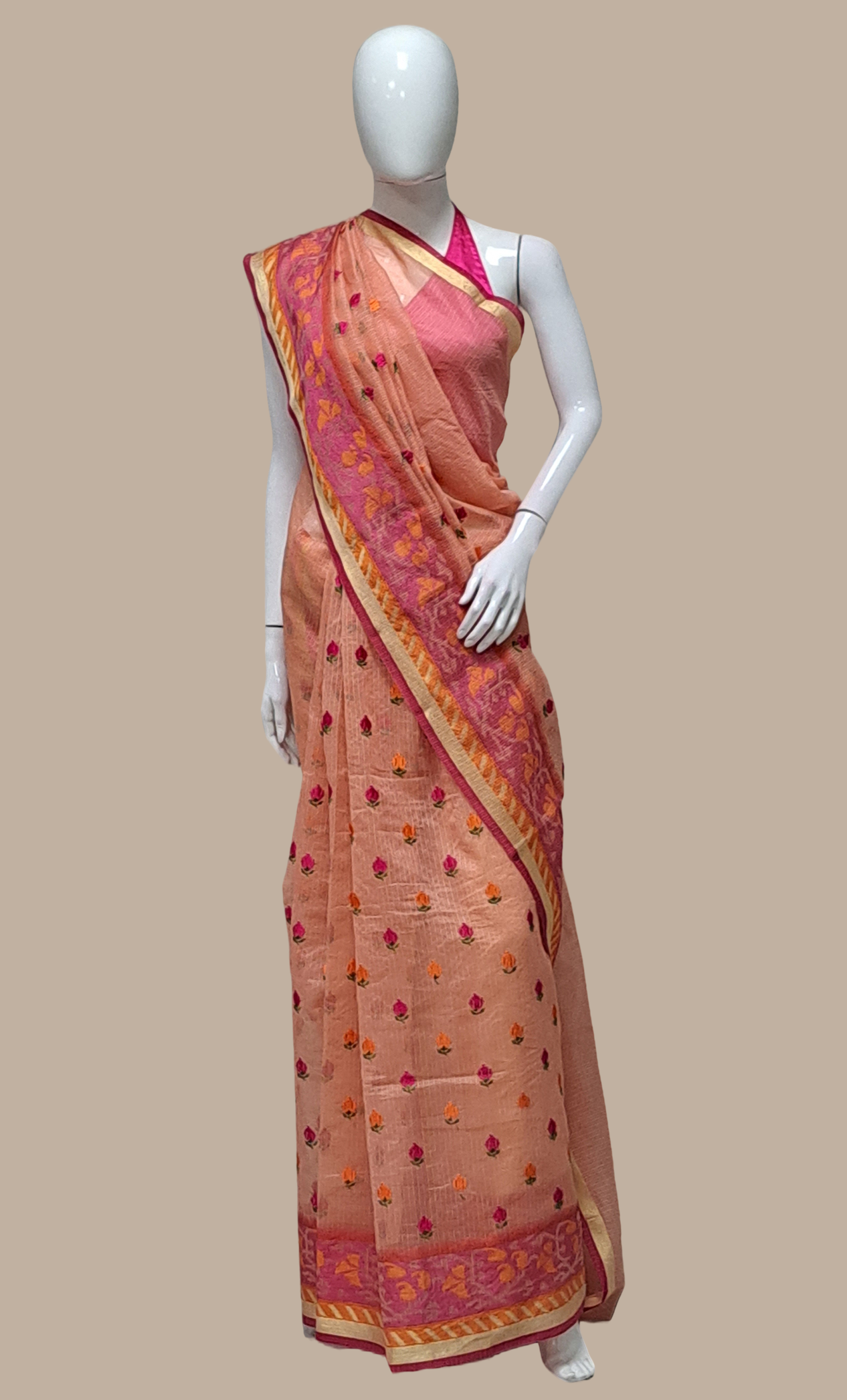 Deep Peach Right Hand Embroidered Sari