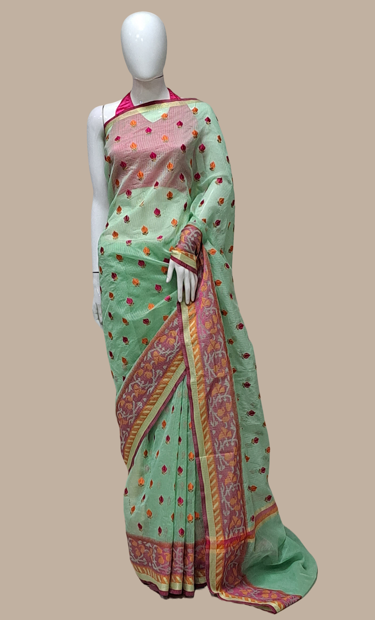 Mint Green Embroidered Cotton Sari
