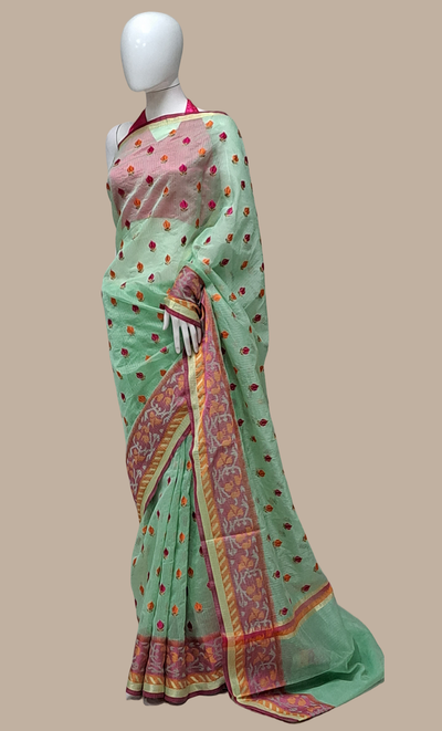 Mint Green Embroidered Cotton Sari