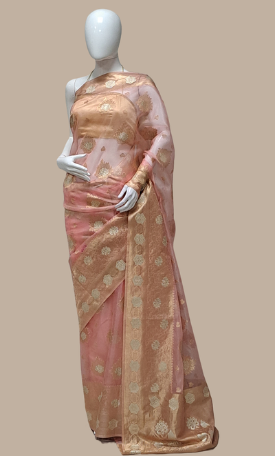 Soft Salmon Pink Woven Art Silk Sari