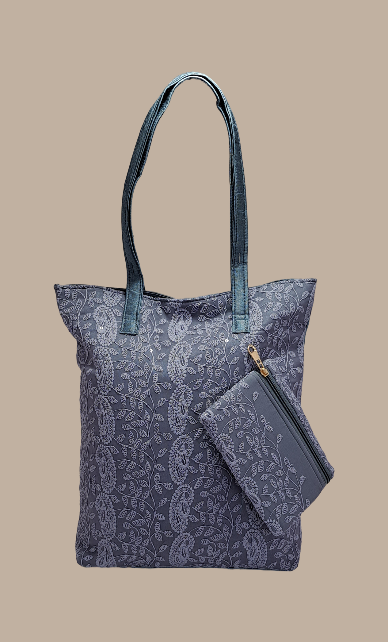 Grey Embroidered Handbag With Free Matching Purse