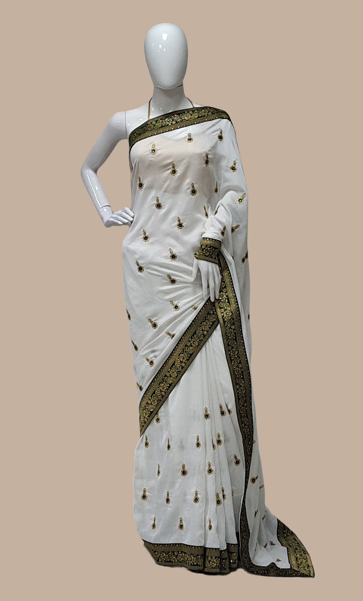 Off White With Dark Green Embroidered Sari