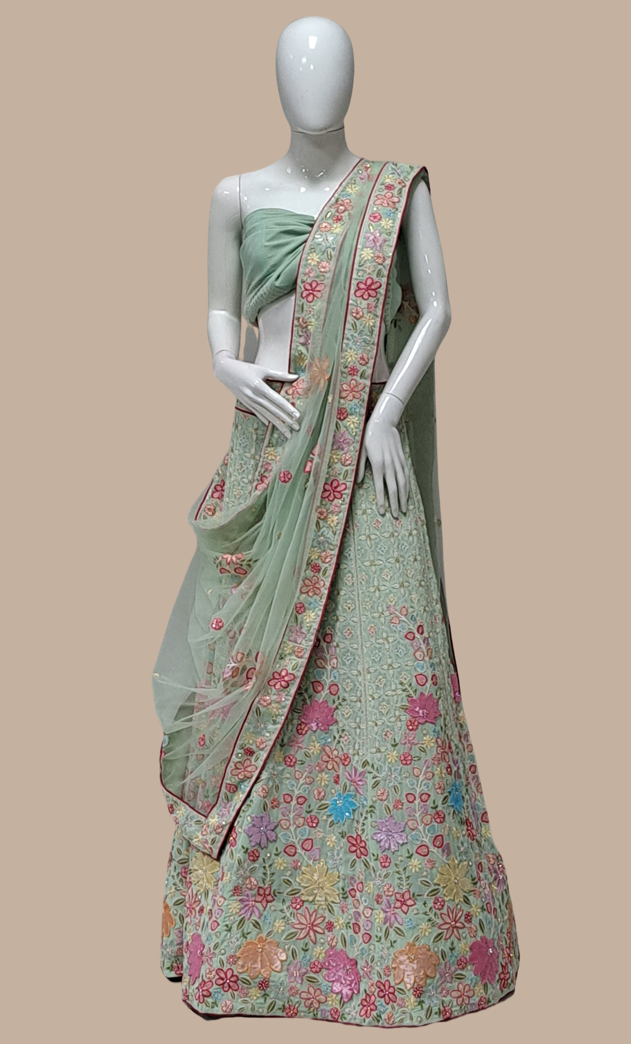 Soft Mint Green Embroidered Lengha