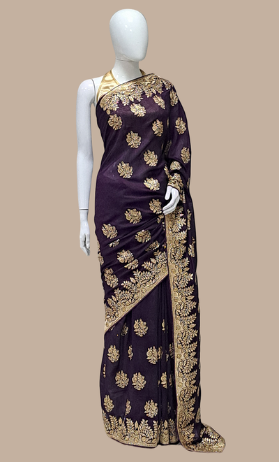 Dark Violet Embroidered Sari