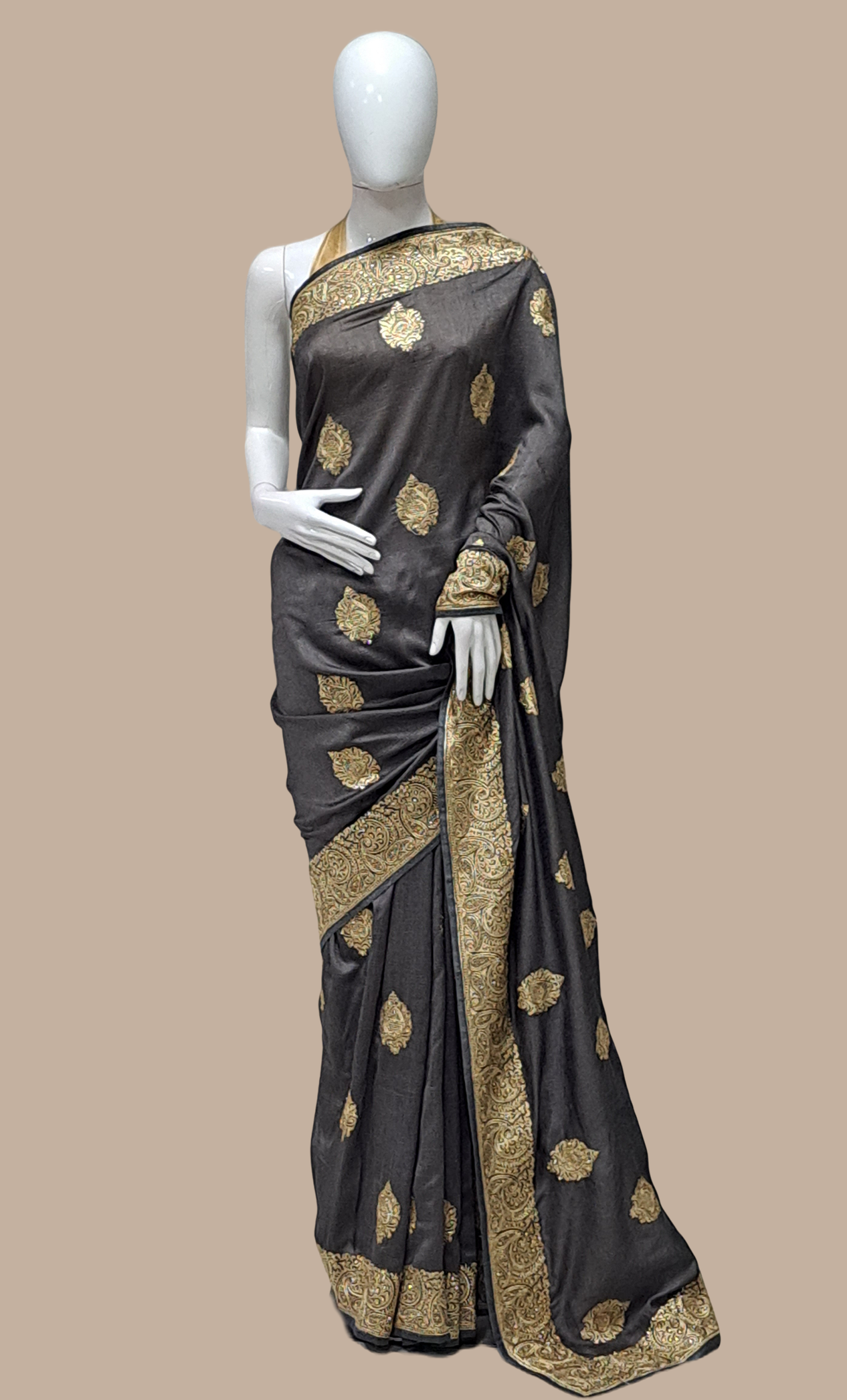 Dark Charcoal Grey Embroidered Sari
