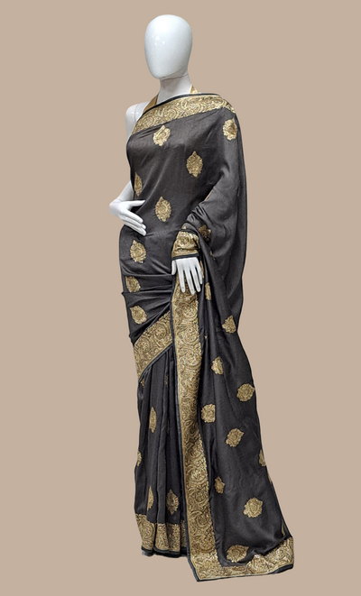 Dark Charcoal Grey Embroidered Sari