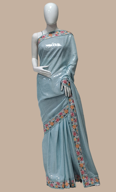Light Aqua Sequin Embroidered Sari