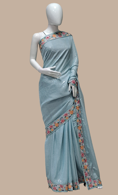 Light Aqua Sequin Embroidered Sari