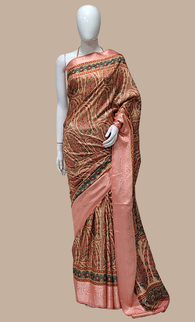 Pastel Peach Printed Sari