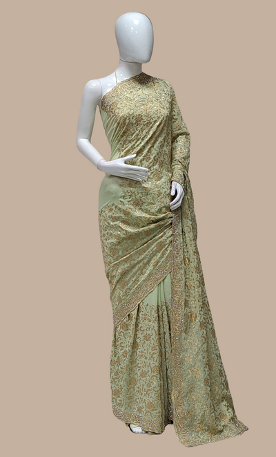 Pale Olive Embroidered Sari
