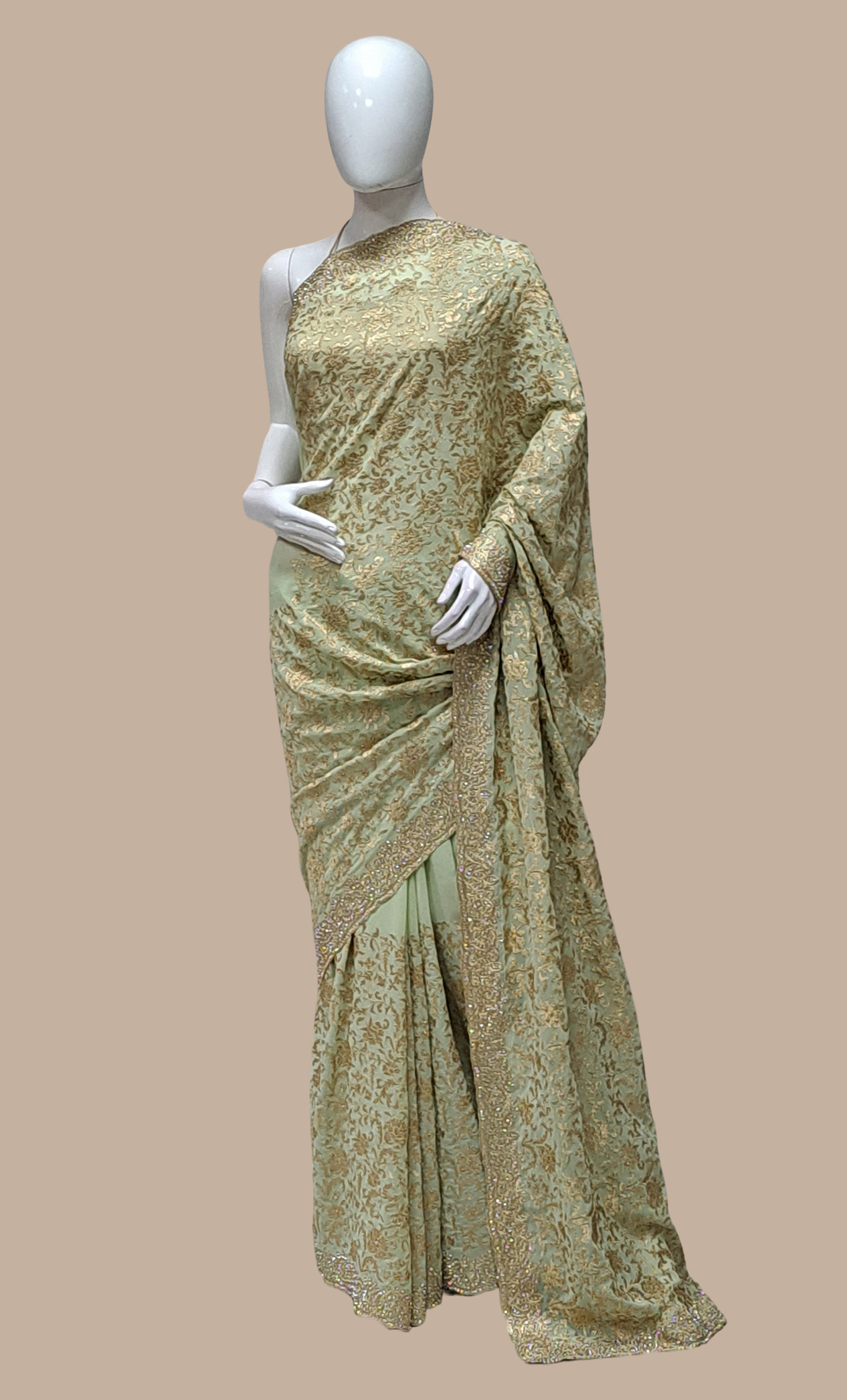 Pale Olive Embroidered Sari