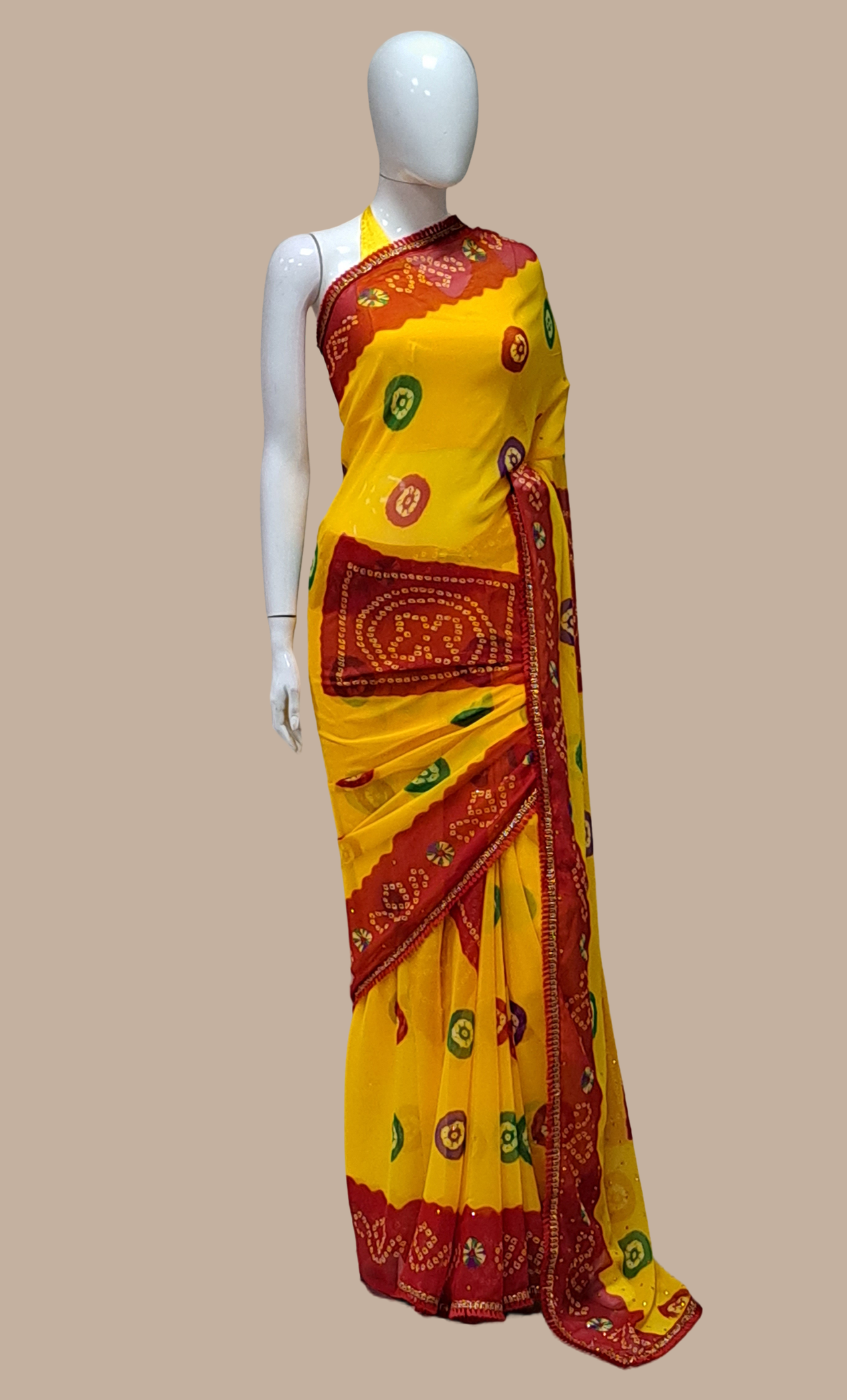 Deep Red Bandhani Printed Sari