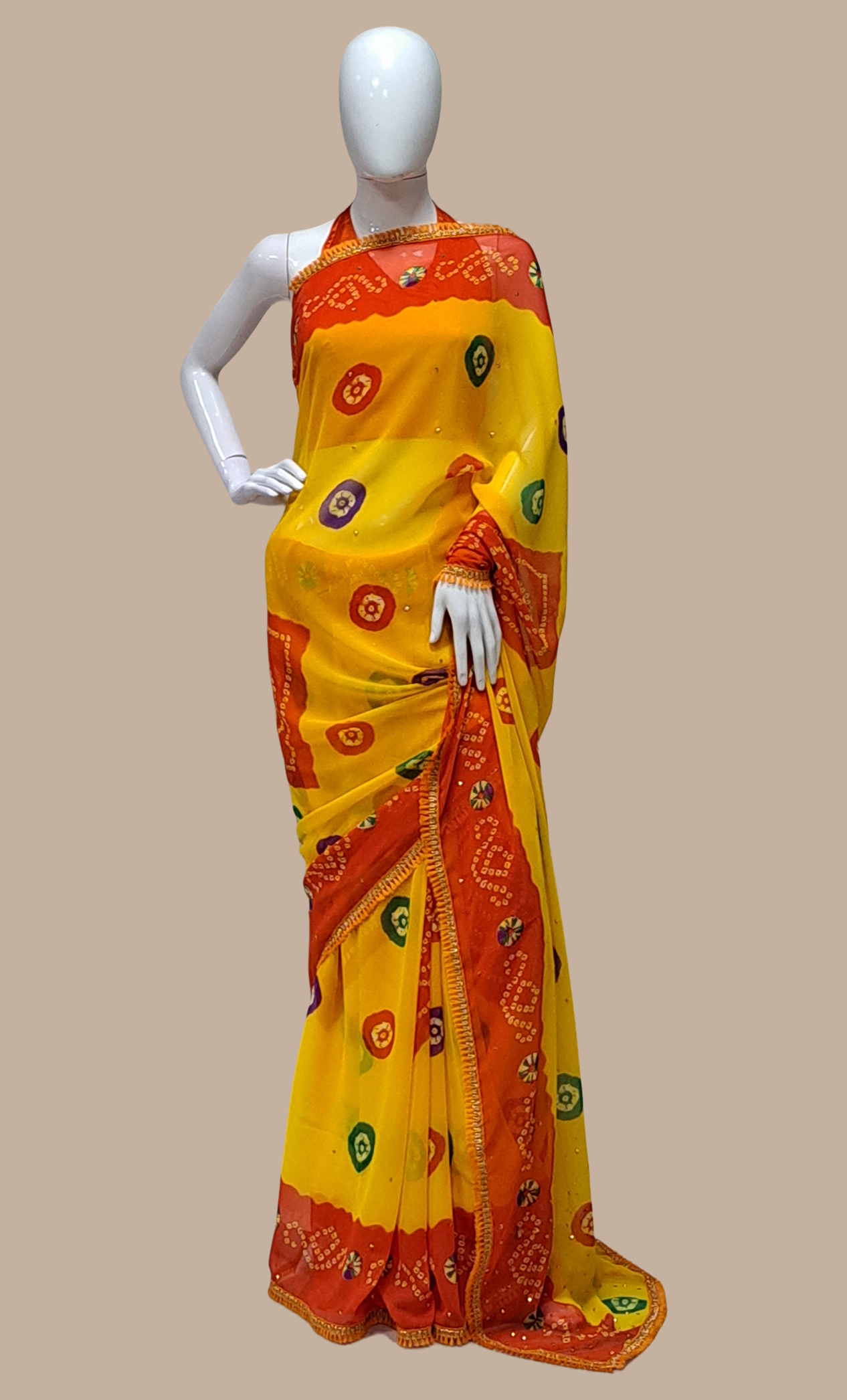 Deep Orange Bandhani Printed Sari