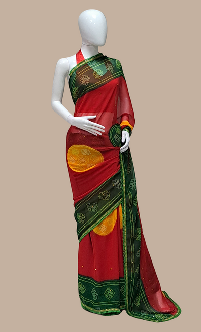 Deep Red Bandhani Printed Sari