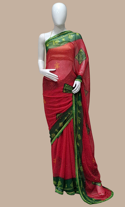 Dark Green Bandhani Printed Sari
