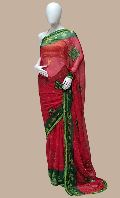 Dark Green Bandhani Printed Sari