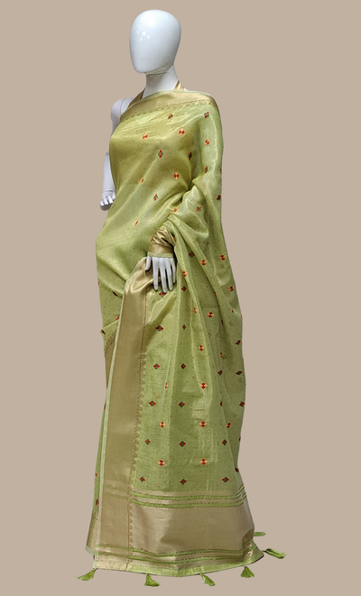 Light Lime Embroidered Linen Sari
