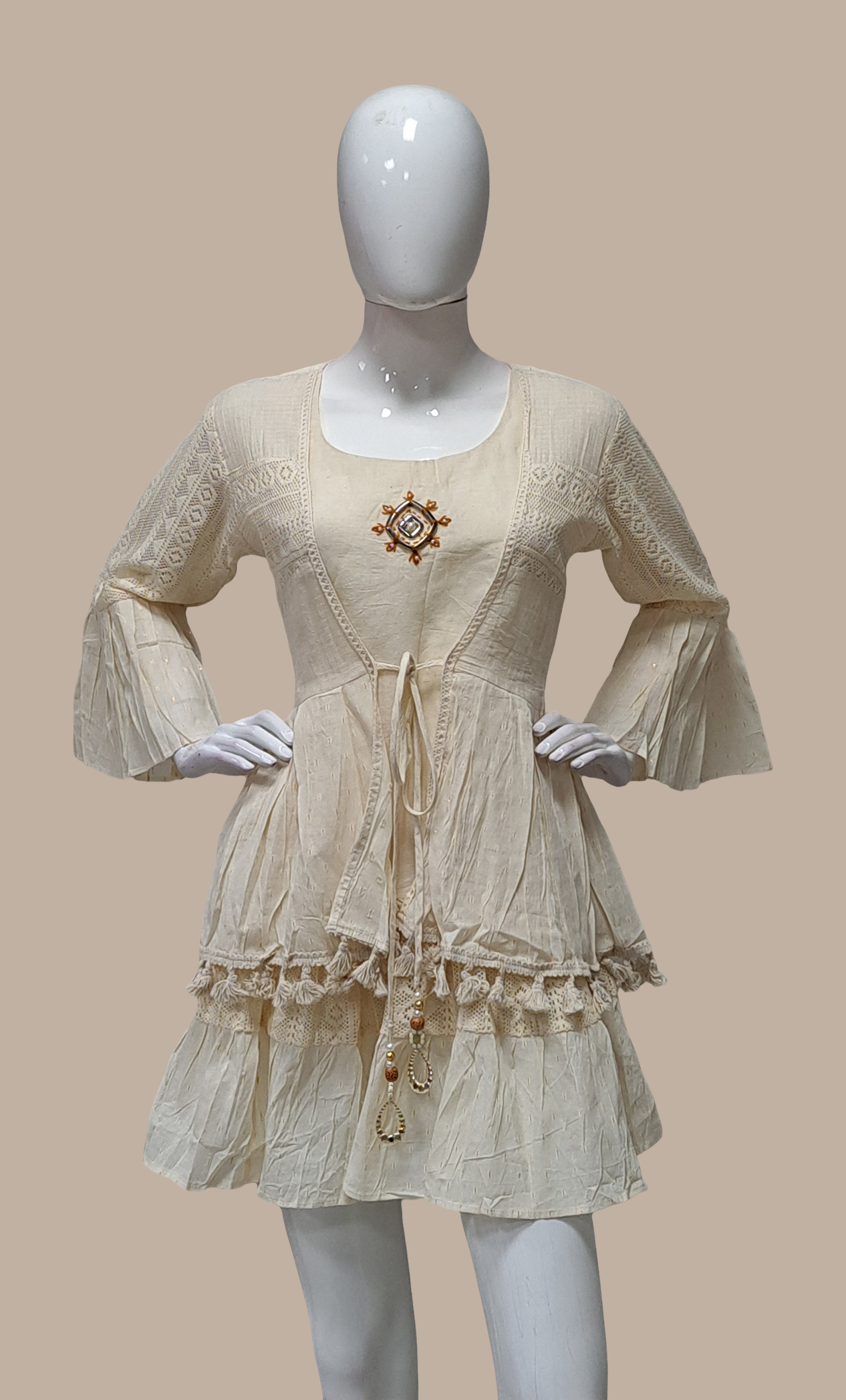 Cream Embroidered Kurti Dress