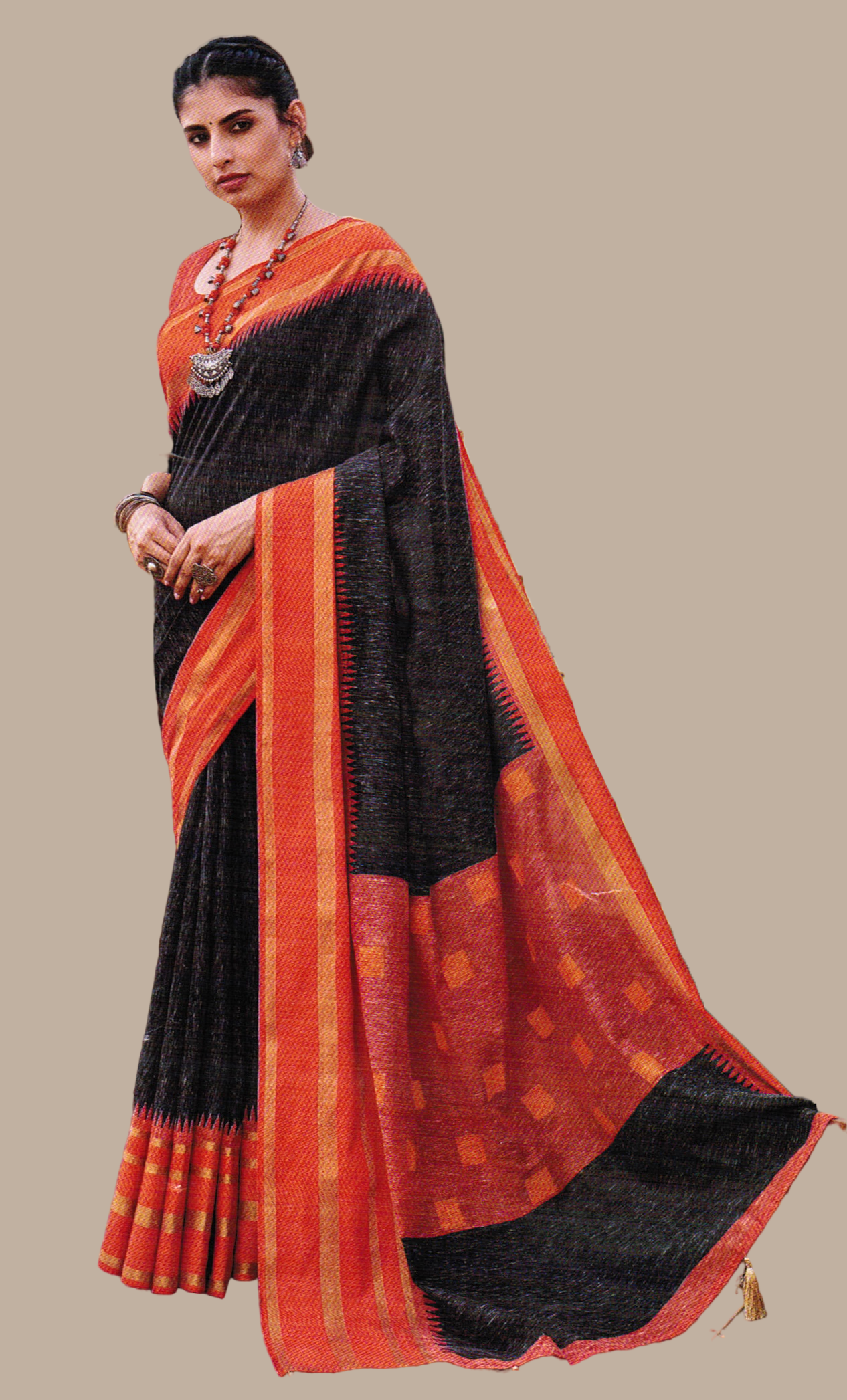 Charcoal Grey Printed Linen Sari