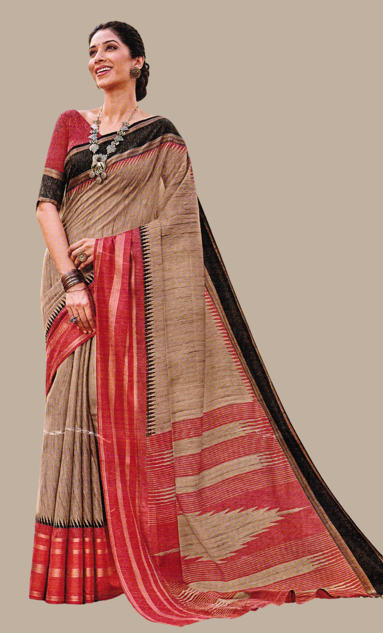 Deep Almond Printed Linen Sari