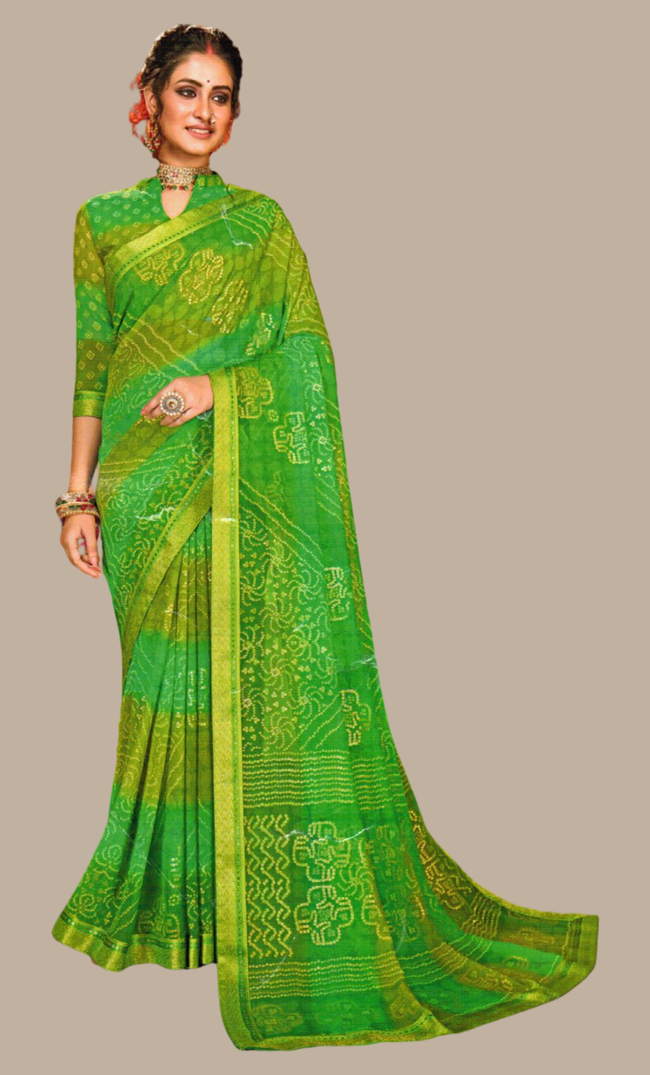 Lime Green Bandhani Printed Sari