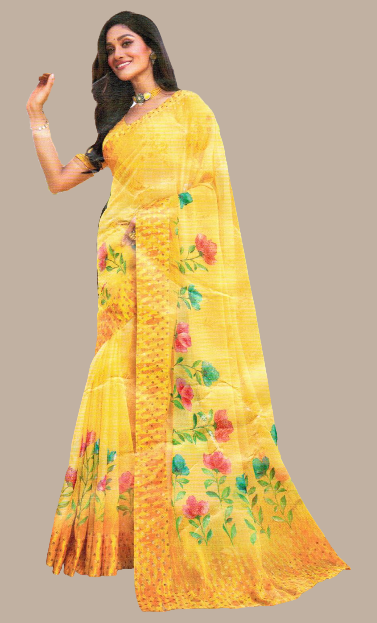 Canary Yellow Floral Printed Sari