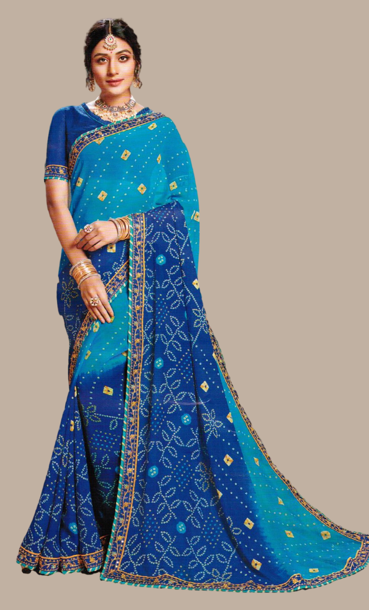 Bright Blue Bandhani Printed Sari