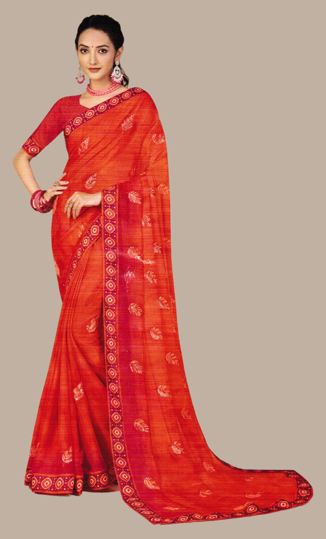 Coral Bandhani Embroidered Sari