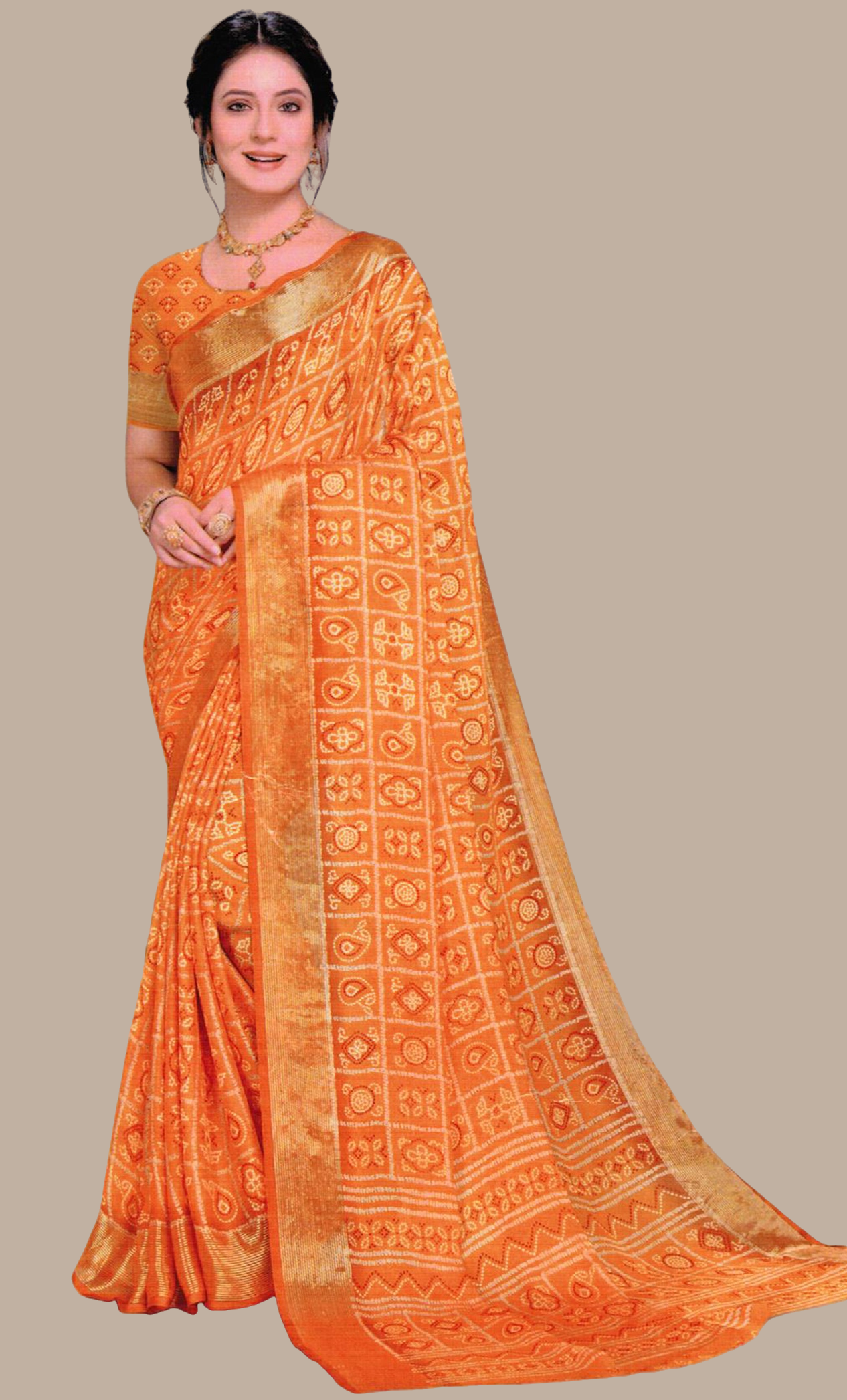 Mustard Bandhani Printed Sari