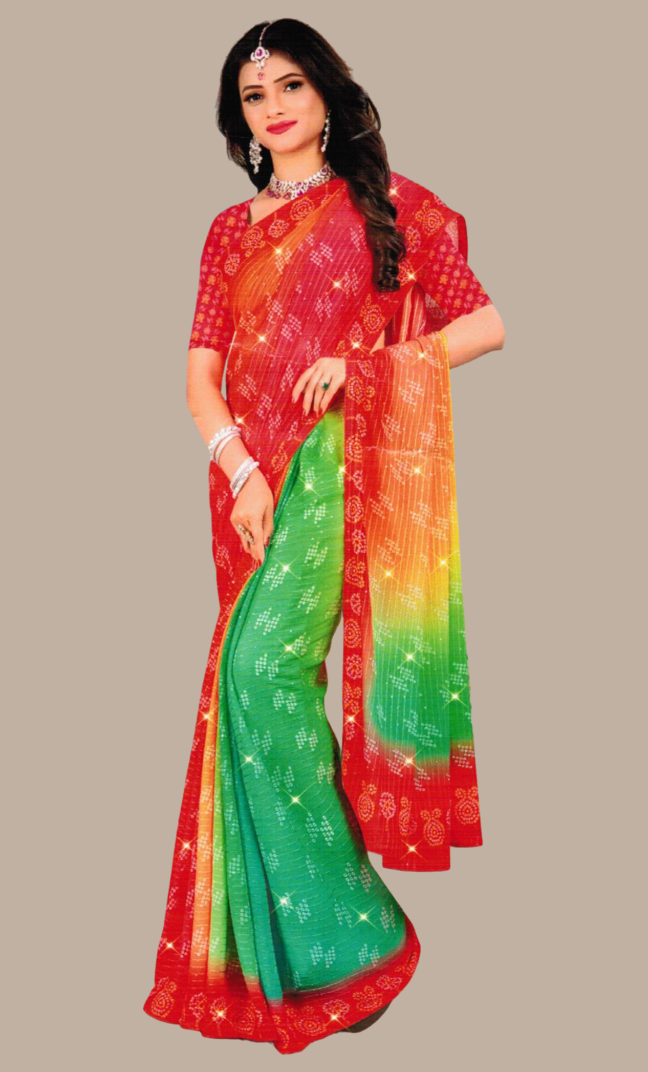 Multi-Colour Shaded Bandhani Printed Sari