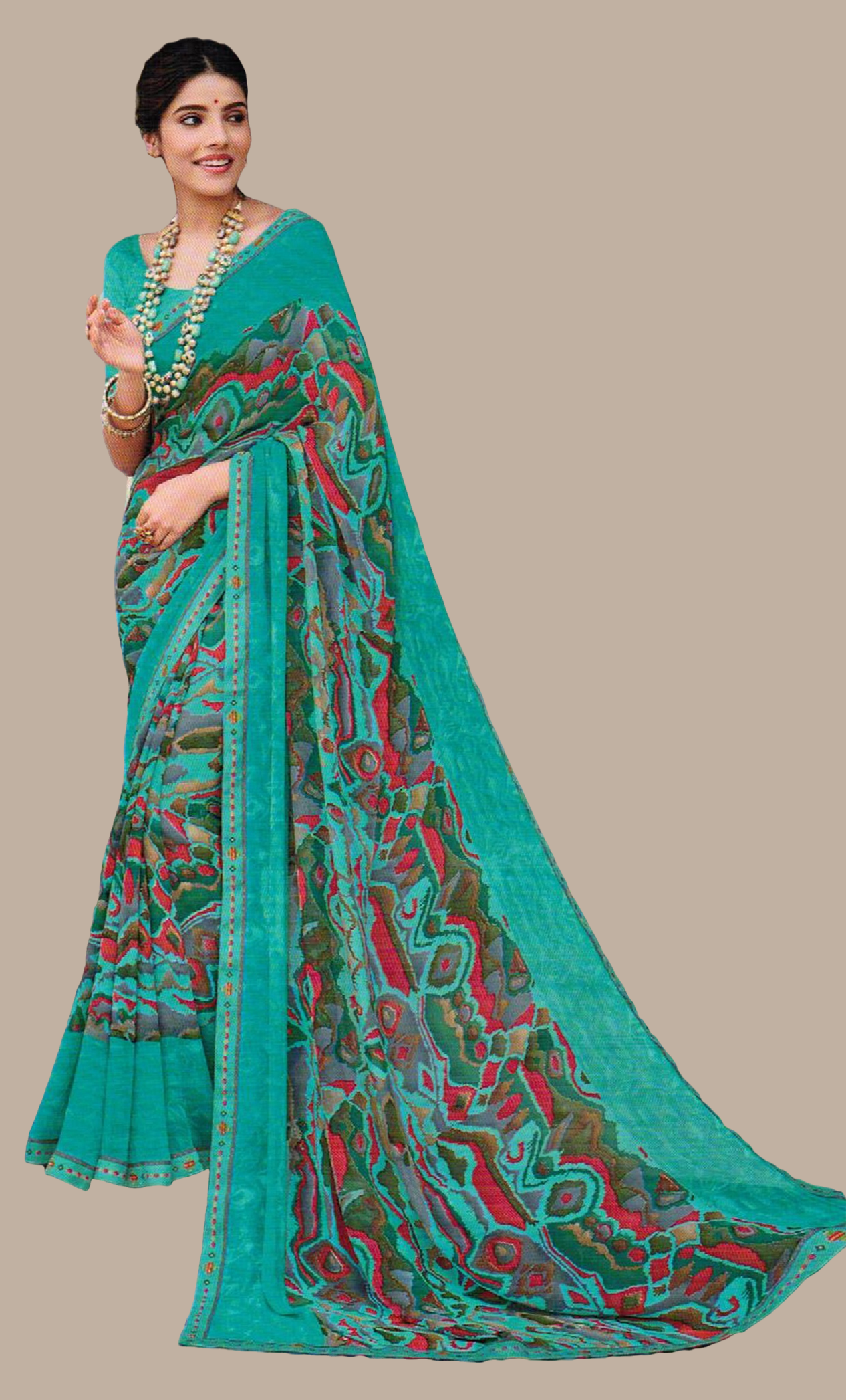 Deep Aqua Green Printed Sari