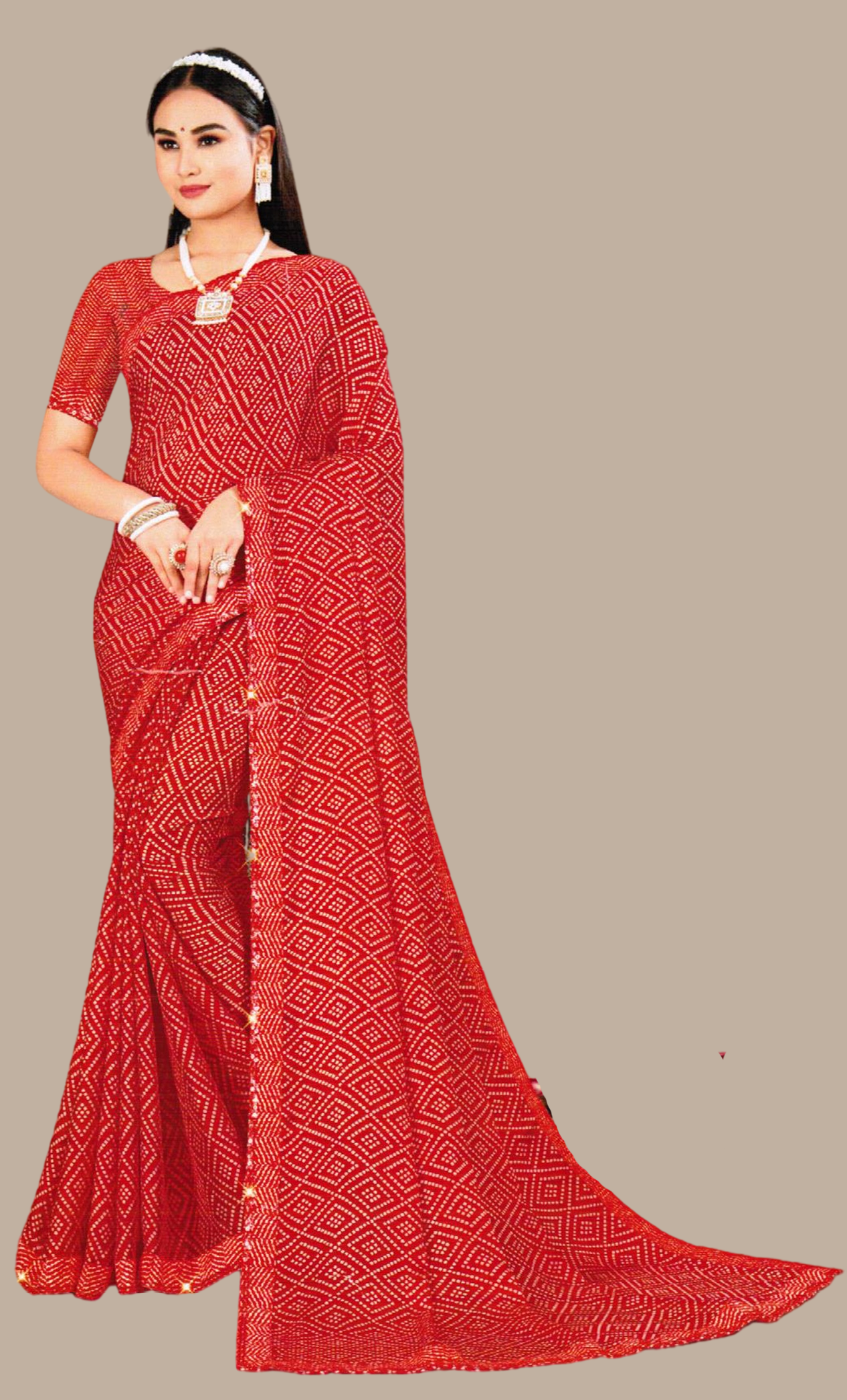 Cherry Red Bandhani Printed Sari