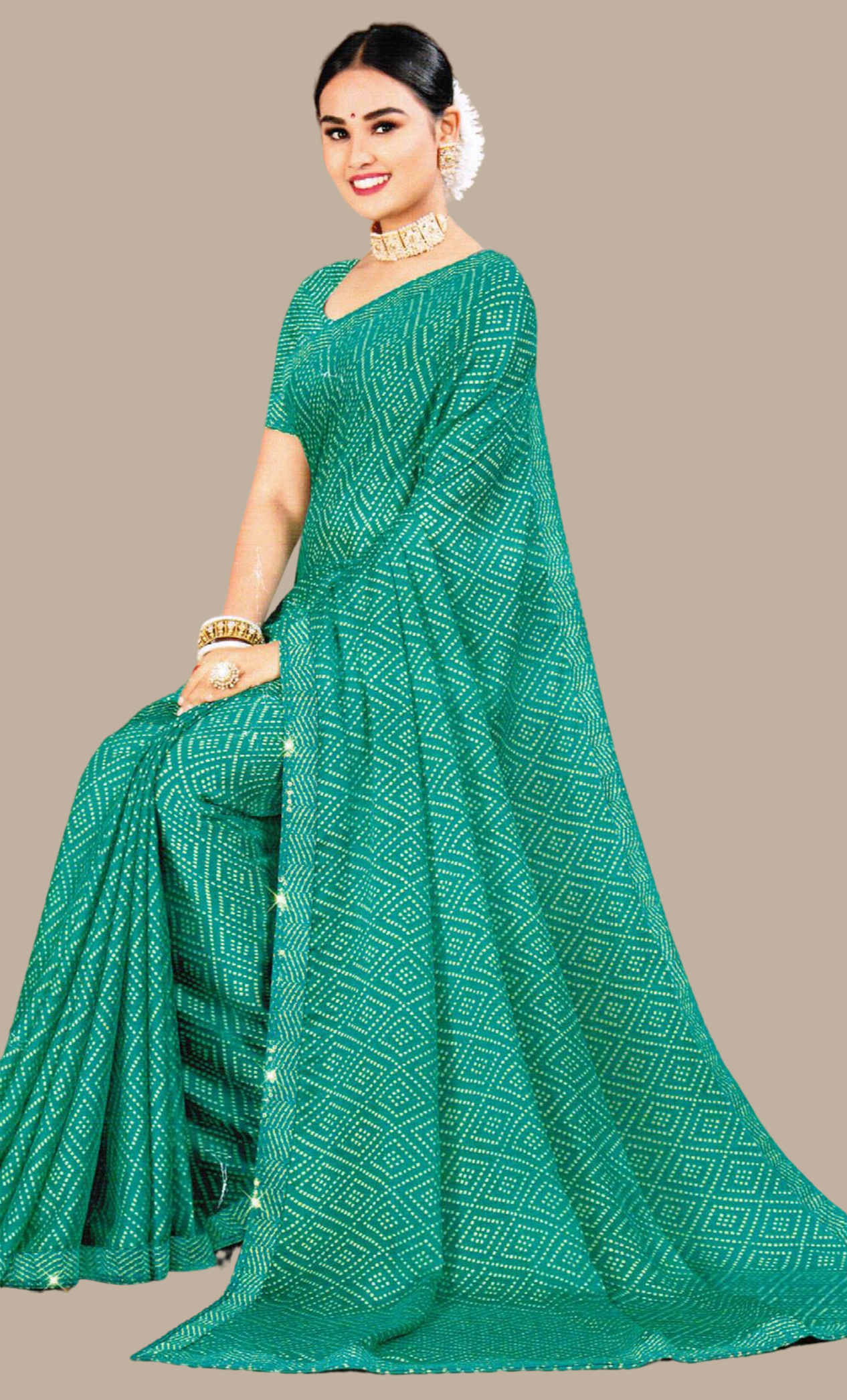 Turquoise Bandhani Printed Sari
