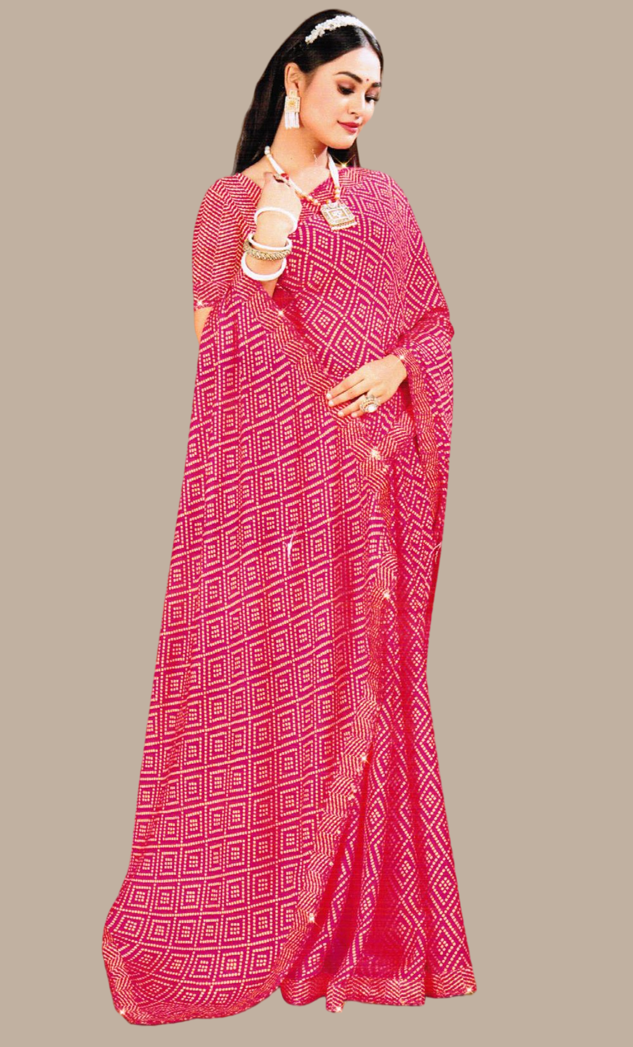 Spicy Pink Bandhani Printed Sari