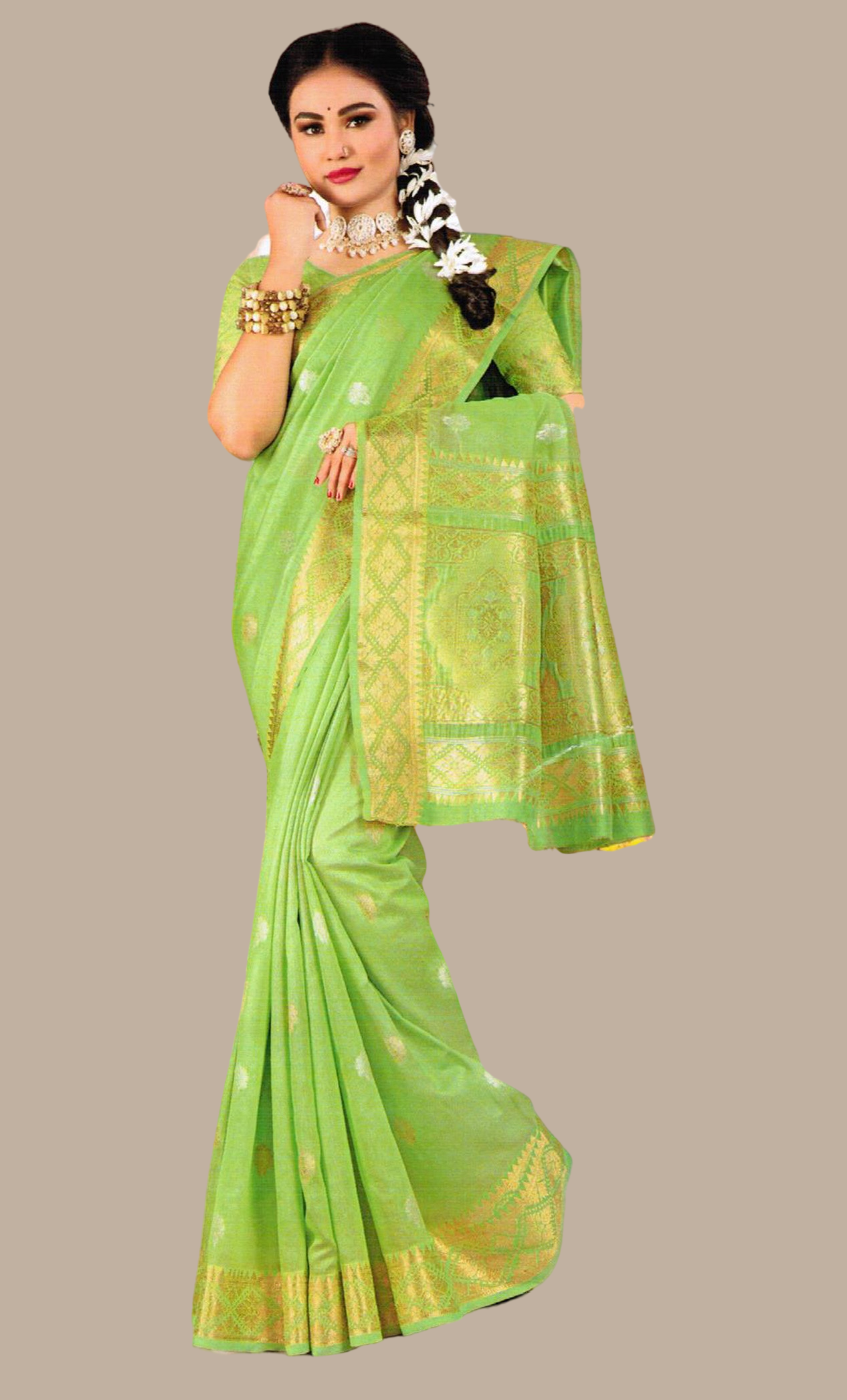 Bright Lime Green Woven Sari