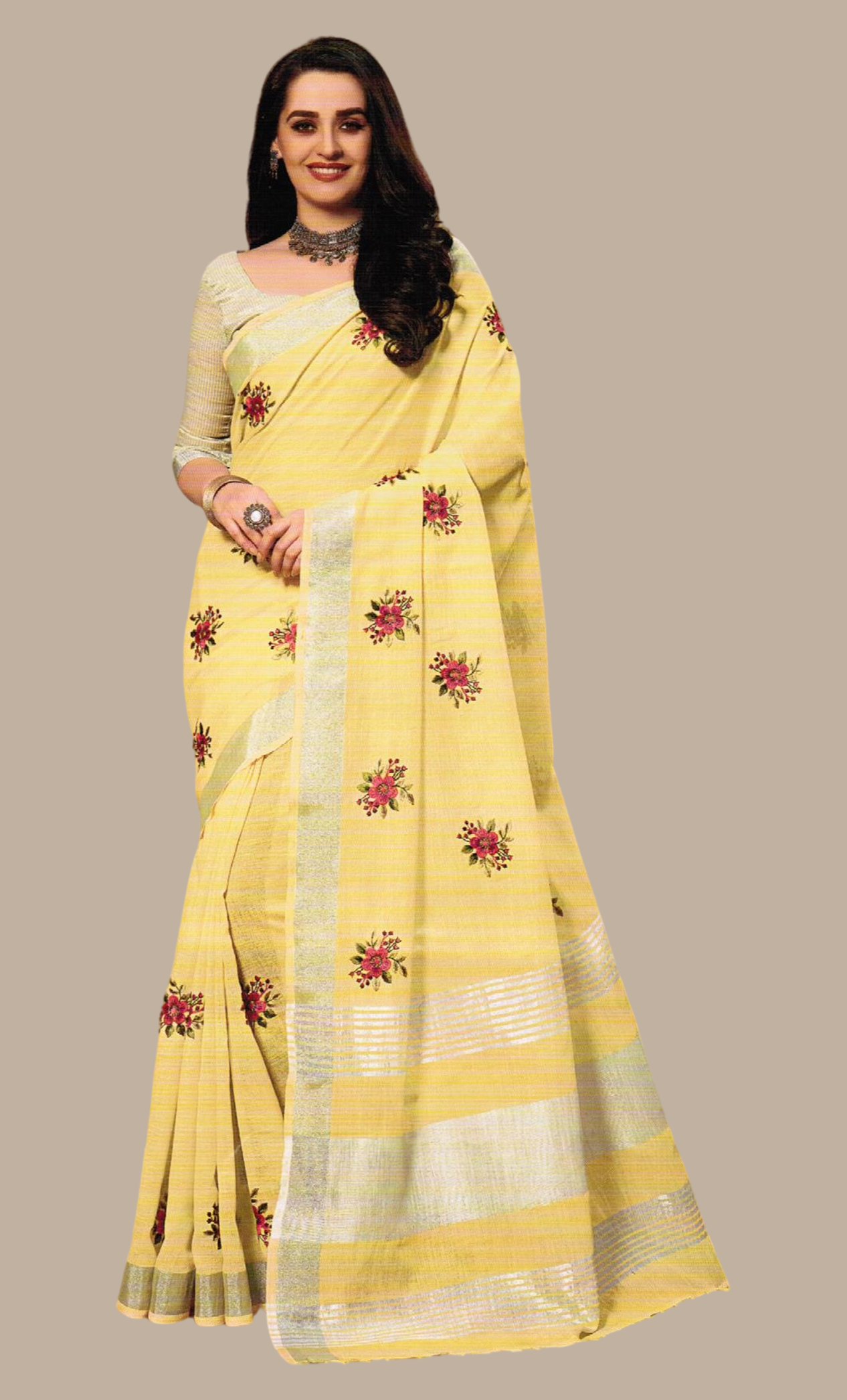 Lemon Embroidered Linen Sari