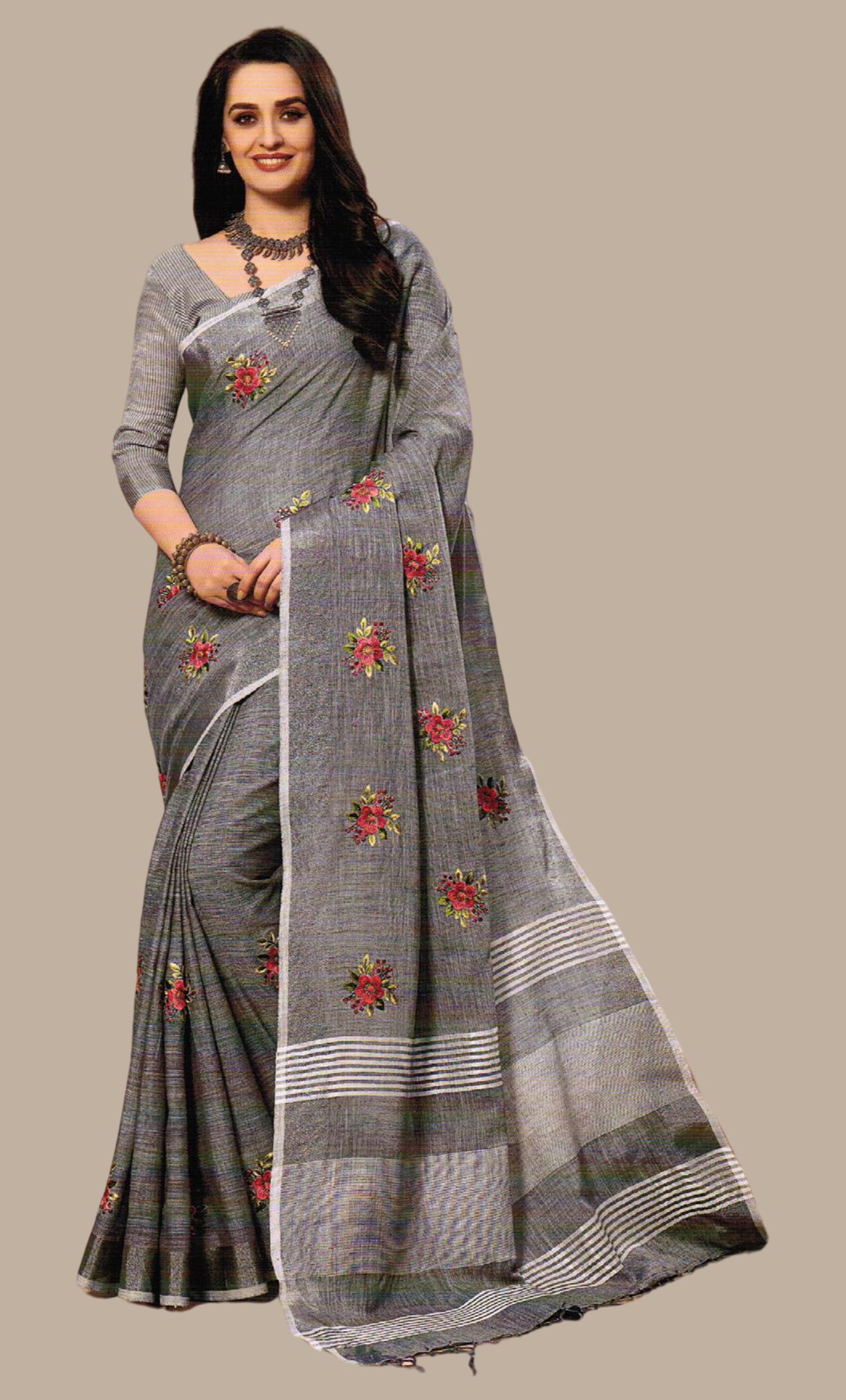 Dark Grey Embroidered Linen Sari