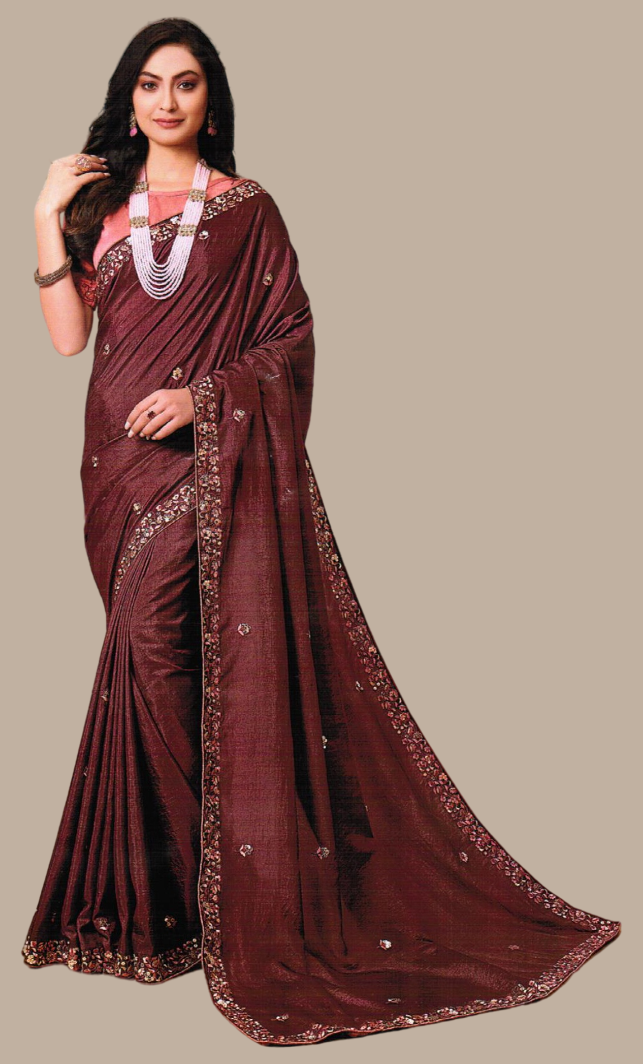 Dark Maroon Embroidered Sari