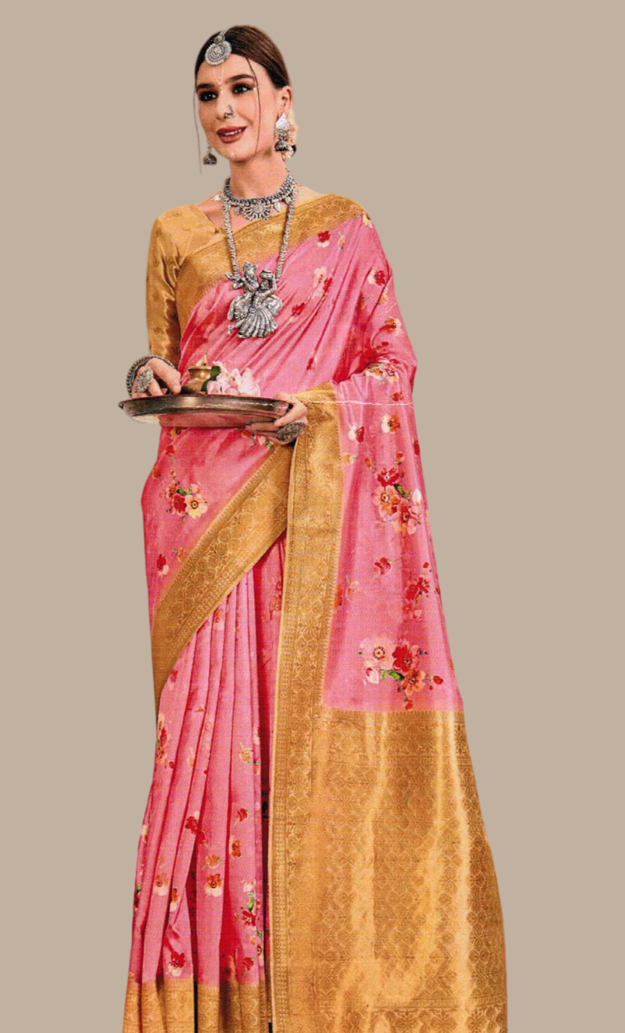 Fuchsia Floral Printed Silk Sari